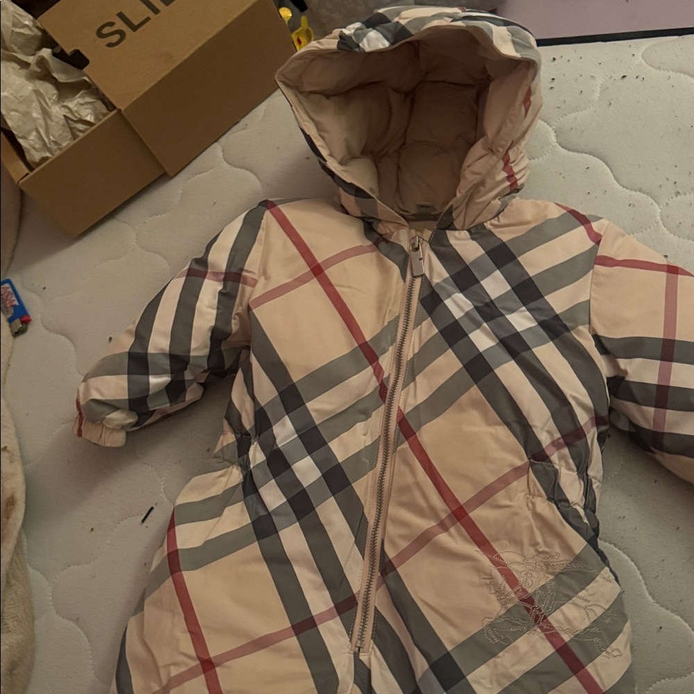 BURBERRY Plaid Hooded Baby Snowsuit